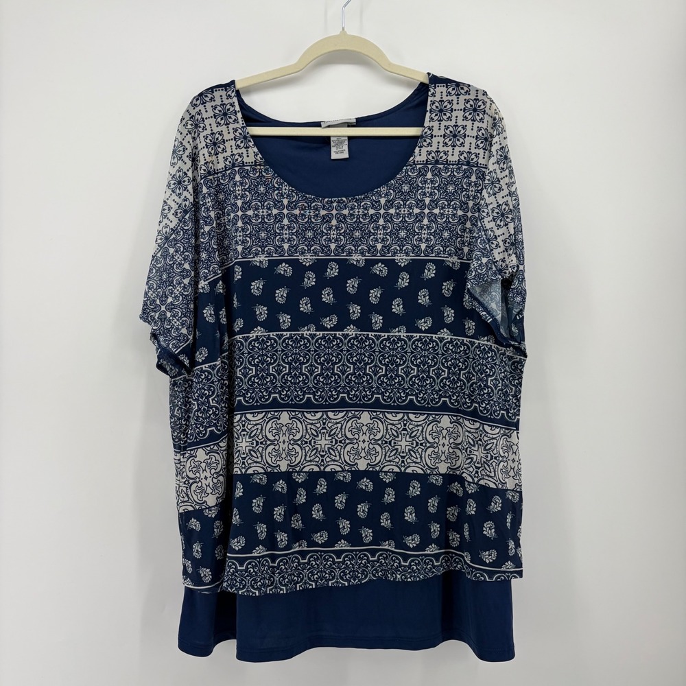 Catherines Womens 1X Blue Mesh Layered Blouse Medallion Print Scoop Neck Top